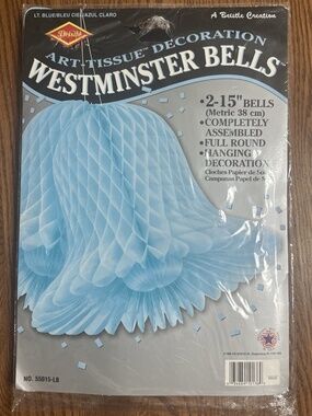 VTG 1998 Beistle Westminster Wedding Bells 2- 15" Honeycomb Decor Light Blue USA